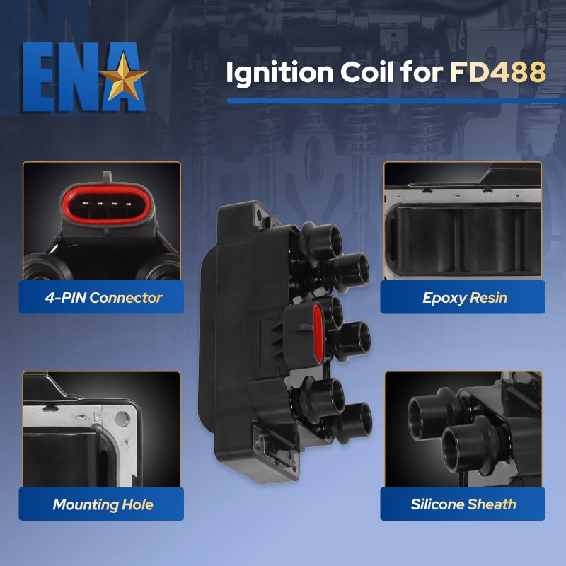 ENA Ignition Coil Pack Compatible with Ford Mazda Mercury F150 E150 E250 Econoline Mustang Ranger Taurus Windstar B3000 Cougar Mystique Sable Thunderbird 3.0L 3.8L 4.2L V6 Replacement For FD488 C901 - Image 4